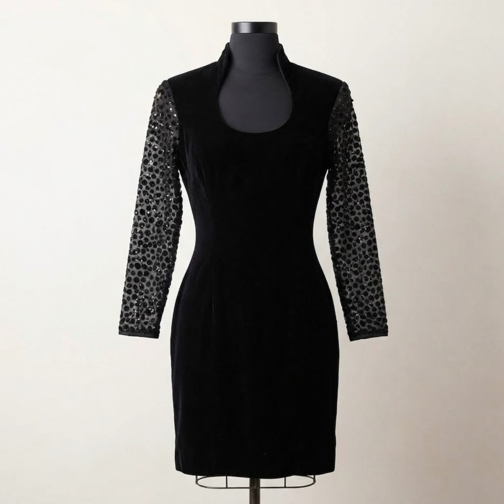Vintage Niki Petites Black Velvet Dress Sheer burnout velvet sleeves, Uniontag 8